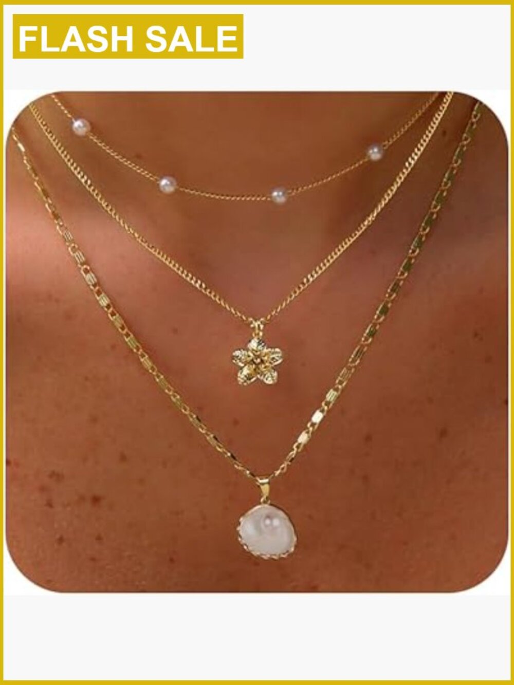 14k Gold Plated Charm Necklace Set with Pearl Flower Seashell Pendants